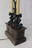 Vintage Two Candle Wrought Iron And Wood Desk Lamp With Tapered Rectangle Shade
