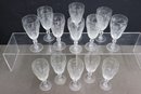 Group Lot Of 13 Climbing Rose Etched Pressed Glass Goblets