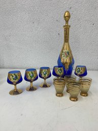 Bohemian Czech Glass Barware Set: Cobalt Gold Gilt Decanter,