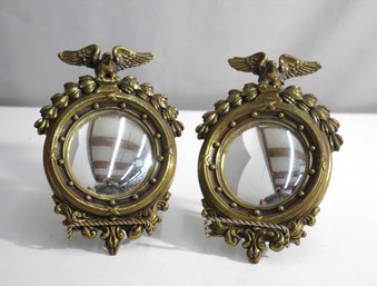 Pair Of Colonial Antiqued Eagle Crest Mid Century Convex Mirrors