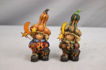 A Pair Of  Jack And Jill Lantern-holding Gourd-Headed Elvin Kiddos Figurines