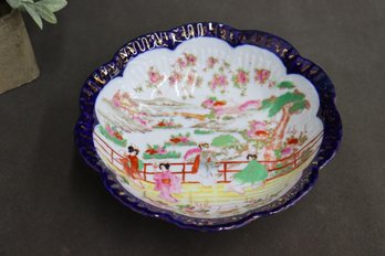 Vintage Hand-Painted Cobalt Scalloped Rim Japanese Porcelain Bowl
