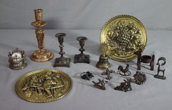 Group Lot Of Vintage Mixed Metal Candlesticks, Napkin Rings, And More