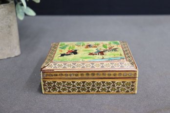 Vintage Asian Polychrome Banded Inlay & Scenic Painted Top Wood Dresser Box