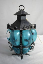 Hand Blown Blue Glass And Iron Lantern