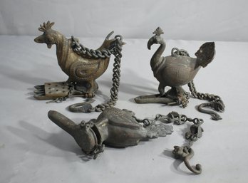 Five Antique 19th Century Persian Items - Two Toys And Three Bronze Hanging Bird Lamps