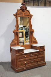 Antique Victorian Eastlake Walnut  Marble Top Dresser  / Vanity With Candle  Shelfs