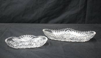 2 Vintage Sawtooth Rim Clear Cut Glass Oval Relish/Celery Dishes