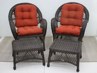 Two Pier 1 Woven Wicker Patio Lounge Chairs With Red Cushions And Foot Rests