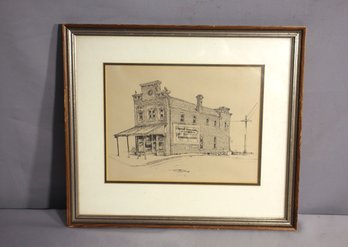 Framed Signed Drawing Of Historic Building