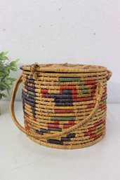 Artisan Native American Woven Grass Coil Basket With Lid And Double Handles