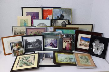 Grouping Of Small Decorative Frames With Decorative Artwork, Photos, And Ephemera