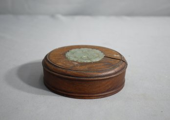 Vintage Turned Wood Box Top With Carved  Jade Flowers