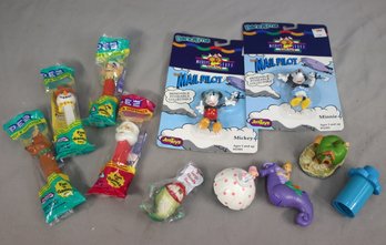 Group Lot Of 4 Original Sealed Christmas Pez, 2 Mickey Mouse Bendable Mail Pilot Toys, And Other Small Stuff