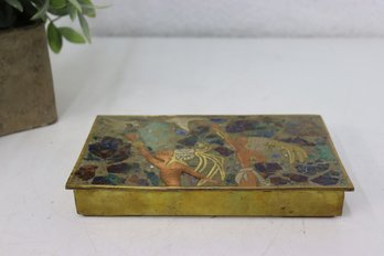 Vintage MCM Brass And Colored Stone Inlay Double Warrior Trinket Box