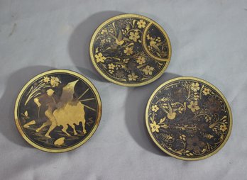 Three Vintage Toledo Damascene Fine Engraving And Inlay Footed Dishes - Floral Botanic And Bull Fight