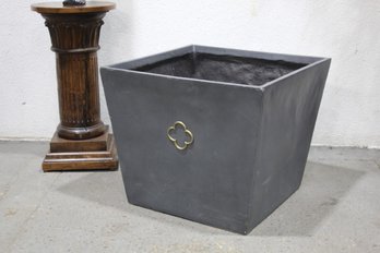 Low Tapered Square  Metal Planter With Gold Clover Relief