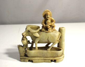 Chinese Hand Carved Soapstone Of A Fisherman On Top