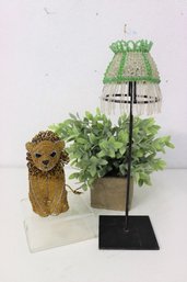 Hand Made Glass Bead And Wire Lion Figurine And Lamp Shade