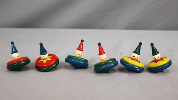 Group Lot Of 6 Vintage Wooden Christmas Spinning Tops