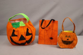 Group Of 3 Orange And Black Pumpkin Themed Halloween Candy Bags