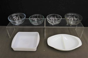 Group Lot Of 4 Clear Mixing Bowls And 2 White Glass Bakeware Pieces  ,pyrex