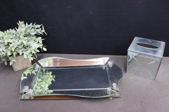 Group Lot Of Vintage Etched Glass Mirrored Tissue Box And Cut Glass Mirrored Tray