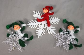 Trio Of Annalee Dolls Elves On Snowflake Ornaments