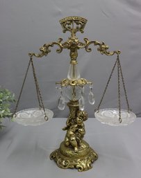 Large Hollywood Regency Style Ornate Brass Scale Of Justice With Crystal Plates And Dangles