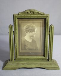 Vintage Green Wooden Swivel Picture Frame With Antique Photograph