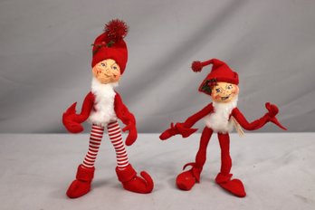 2 Vintage 2004  Annalee Red Christmas Elf Dolls, Red Leggings And Candy Stripe Leggings