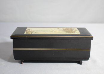 Vintage Black Lacquer Jewelry/music Box With Swan And Floral Inlay