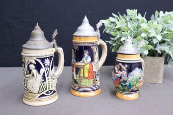 Three Authentic German Ceramic Thumb-lift Beer Steins