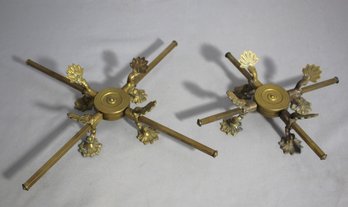 2 Vintage Brass Expandable Trivet Footed Ornate Holders - Small And Large