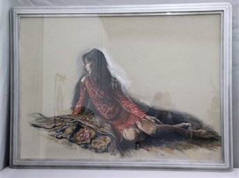 Original Harry McCormick Pastel And Wash On Paper Female In Red Dress In Repose, Signed LR, Framed