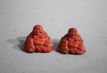 Pair Of Vintage Chinese Cinnabar Lacquer Carved Laughing Buddha Statues-very Small