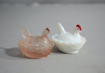 Charming Duo Of Milk Glass And Pink Glass Hen On Nest Dishes