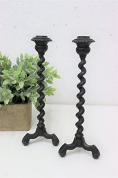 Pair Of Wrought Iron Barley Twist Spiral Candle Stick Holders