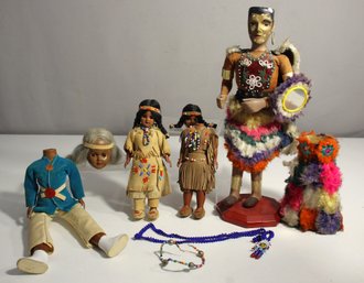 Lot Of Native American-Themed Dolls And Craft Items  Handcrafted Dolls, Beaded Necklace, And More