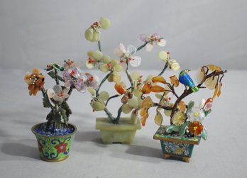 Three (3) Vintage Chinese Handcrafted Gemstone Floral Trees With Enamel Pots