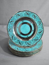 Set Of 6 Vintage Enamel Teal And Silver Tone Cabinet  Plates