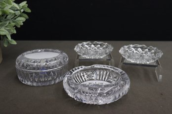 Group Lot Of Vintage Cut Glass Crystal Ashtrays & Covered Round Bowl