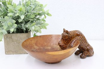 Cheetah At The Watering Hole Bowl Wooden Carved Figurine