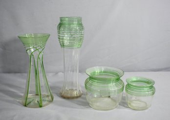 Group Lot Of 4 Vintage Clear Glass With Green Applied Tailings