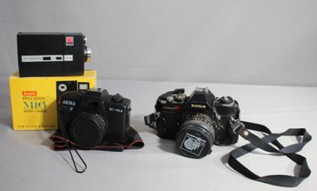 Vintage Camera Lot: Kodak Instamatic M16, Akira TC-002, And Konica Autoreflex TC