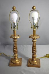 Pair Of Gold-Toned Wood Table Lamps