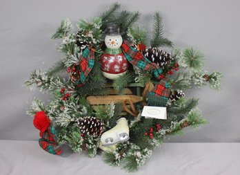 Snowman, Ice Skate, And Pinecones Studdedchristmas Wreath By Valerie