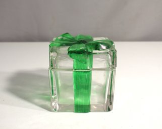 Glass Gift Box With Green Ribbon Design  Lidded Trinket Box