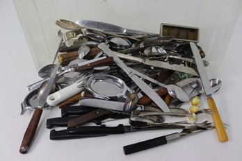 Group Lot Of Vintage Kitchen Knives, Spoons, Tongs And More