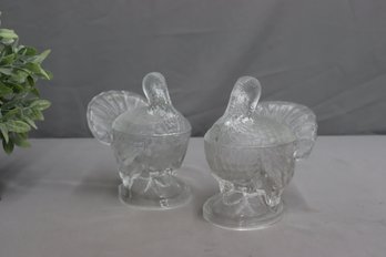 Pair Of Vtg. Glass Turkey Covered Dish